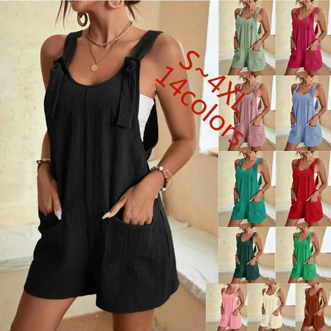 Casual Women Sleeveless Romper Polyester Summer Tie Strap Jumpsuit With Pockets Solid Color Sweet Bohemian Beach Short Overalls