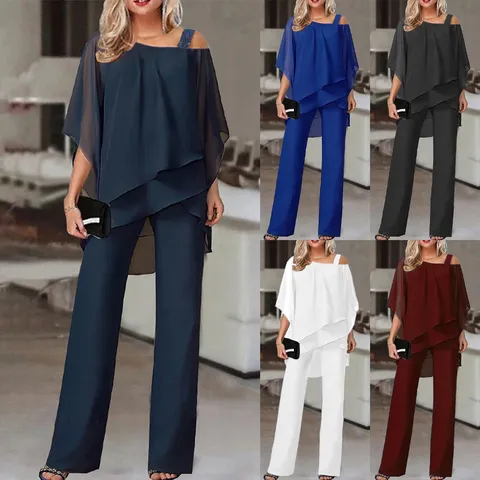 Vrouwen Elegante Polyester Chiffon Top En Bottom Set Onregelmatige Off-Shoulder Vleermuismouw Top Met Bijpassende Jumpsuit Mode Casual Outfit