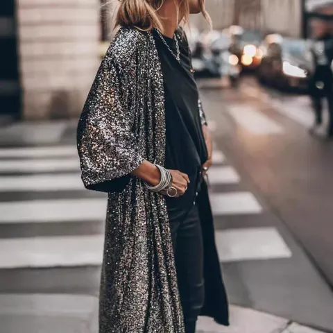 Women Fashion Sequin Cardigan Jacket Maxi Long Outerwear Loose Three Quarter Sleeve Sparkly Glamorous Open Front Party Coat