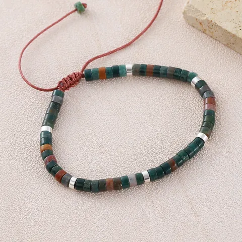 Natural African Pine Stone Cylindrical Flat Bead Bracelet With Stainless Steel Spacer Beads Adjustable Braided Rope Men Jewelry Gift