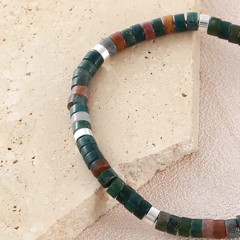 Natural African Pine Stone Cylindrical Flat Bead Bracelet With Stainless Steel Spacer Beads Adjustable Braided Rope Men Jewelry Gift