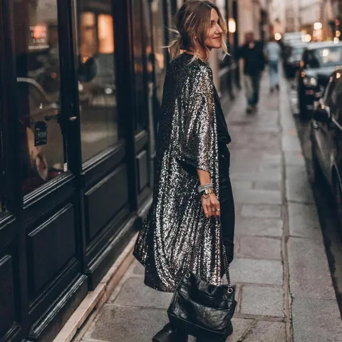 Women Fashion Sequin Cardigan Jacket Maxi Long Outerwear Loose Three Quarter Sleeve Sparkly Glamorous Open Front Party Coat
