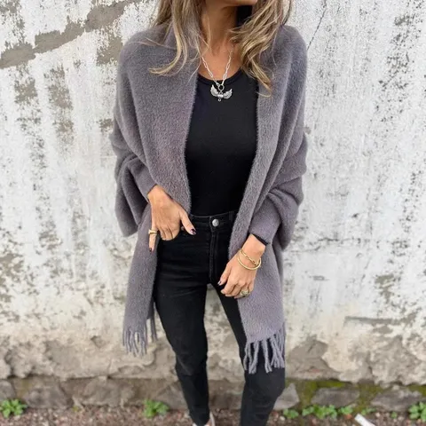 Women Faux Mink Fur Poncho Cape With Tassels Batwing Sleeve Solid Color Thick Warm Acrylic Knit Wrap Cardigan Gothic Elegant Outerwear