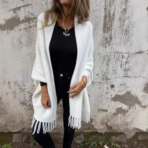 Women Faux Mink Fur Poncho Cape With Tassels Batwing Sleeve Solid Color Thick Warm Acrylic Knit Wrap Cardigan Gothic Elegant Outerwear