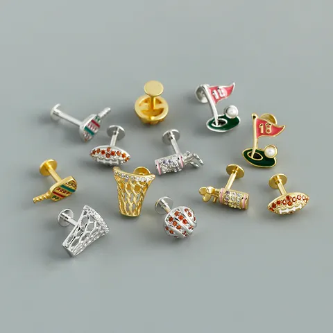 Orecchini a Bottone S925 in Argento Sterling Sportivi Basket Rugby Golf Racchetta per Donna Con Strass Gioielli da Piercing