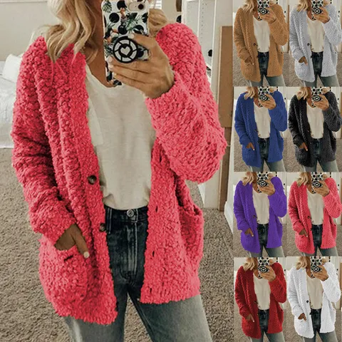 Women's Casual Teddy Fleece Cardigan Jacket Loose Oversized Solid Color Long Sleeve Coat With Pockets Warm Button Up Top