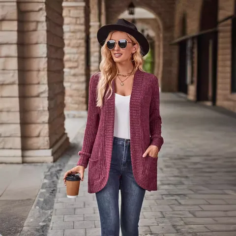 Women Ribbed Knit Cardigan Sweater Open Front Solid Color Long Sleeve Top With Pockets Casual Loose Outerwear For Ladies