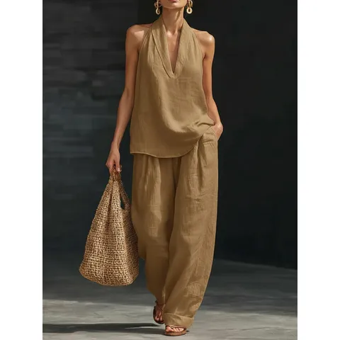 Dames Halter Mouwloos Polyester Top And Bottom Set Effen Kleur Losse Wijde Pijpen Broek Twee Delig Casual Zomer Outfit