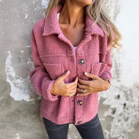 Women's Faux Lamb Wool Jacket Lapel Single Breasted Teddy Coat Loose Casual Outwear With Pockets Polyester Solid Color Autumn Winter Top