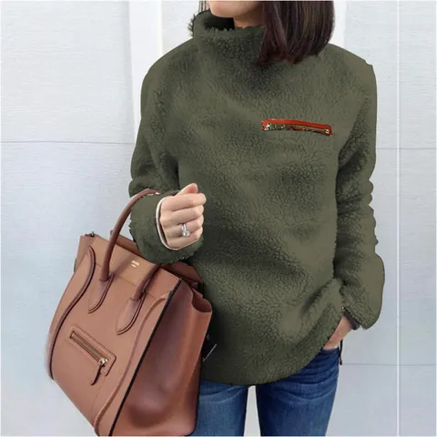 Women High Neck Fleece Sweater Zipper Pocket Slim Fit Long Sleeve Streetwear Patchwork Warm Pullover Top Autumn Winter Fashion