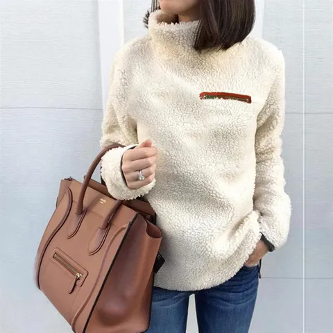 Women Casual Long Sleeve High Neck Fleece Sweatshirt Solid Color Loose Pullover Winter Warm Top With Zipper Pocket