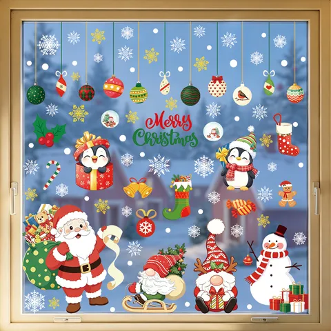 Weihnachten Fensterbilder Statischer Aufkleber Zeichentrick Weihnachtsmann Pinguin Schneemann Aufkleber Für Schaufenster Glas Festival Home Decor