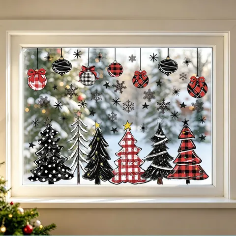 Christmas Window Static Stickers Red Black Plaid Christmas Tree Snowflakes Decals Double-Sided Reusable Glass Door Clings For Holiday Winter Home Decor