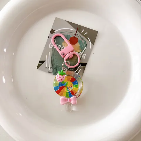 Cute Summer Rainbow Transparent Lollipop Keychain Resin Strawberry Bow Bag Pendant Student Schoolbag Charm Gift For Women Girls