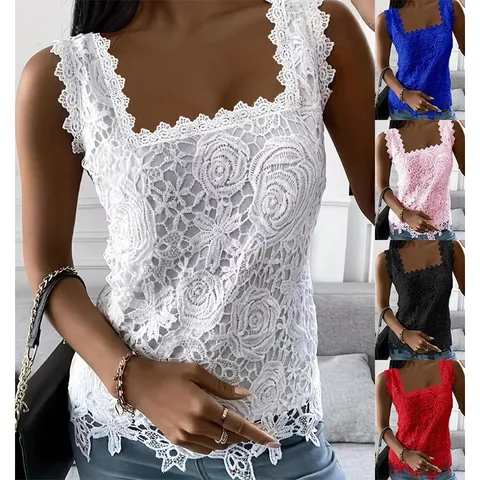 Dames Sexy Vierkante Hals Kant Tanktop Opengewerkt Rozenpatroon Mouwloos Vest Zomer Casual Streetwear Slim Fit Polyester Top