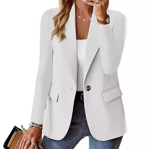 Chaqueta Blazer de Color Sólido de Manga Larga para Mujer Casual Oficina Solapa Trabajo Top Con Bolsillo Poliéster