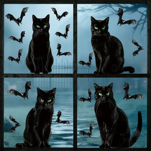 Halloween Realistische Schwarze Katze Fledermaus Statische Fensterbilder PVC Grüne Augen Aufkleber Für Glastür Schaufenster Deko