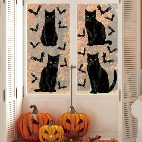 Halloween Realistische Schwarze Katze Fledermaus Statische Fensterbilder PVC Grüne Augen Aufkleber Für Glastür Schaufenster Deko