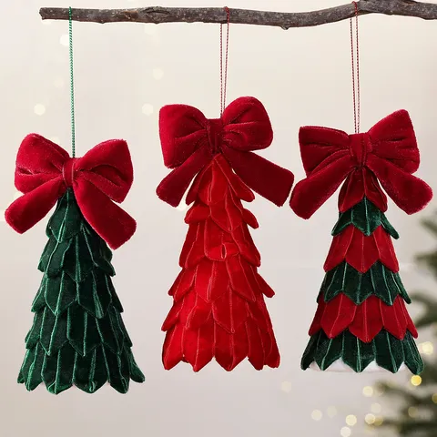 Fluwelen Kerstboom Tafeldecoratie met Strik DIY Feestelijke Decoratie Atmosfeer Layout Zaden Rood Groen Fluweel Mini Boom