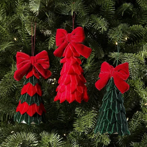 Fluwelen Kerstboom Tafeldecoratie met Strik DIY Feestelijke Decoratie Atmosfeer Layout Zaden Rood Groen Fluweel Mini Boom