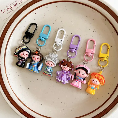 Cute Cartoon Ethnic Style Girl Keychain Resin Bag Charm Colorful National Costume Doll Pendant Accessory Backpack Hanging Ornament Travel Gift