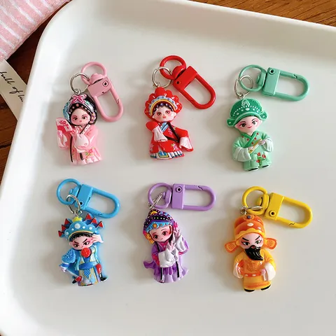 Cartoon Chinese Opera Character Keychain Resin Backpack Pendant Cute Traditional Style Gift For Women Kids Accessory Bag Charm