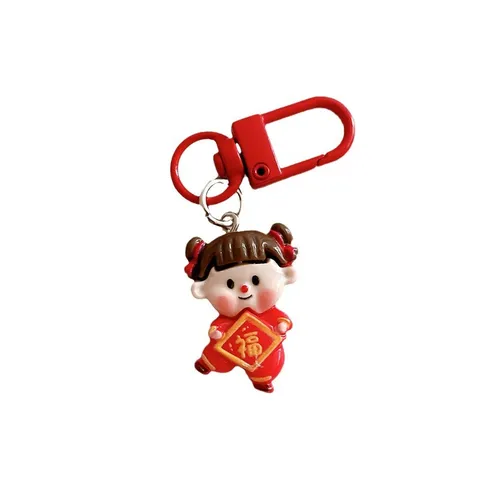 New Year Red Fortune Doll Keychain Resin Lucky Girl Backpack Pendant Cartoon Festive Student Schoolbag Key Ring Gift