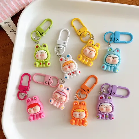 Cute Resin Cartoon Doll Keychain Colorful Alloy Clasp Chubby Animal Onesie Bag Pendant School Backpack Charms For Friends Girls Gift