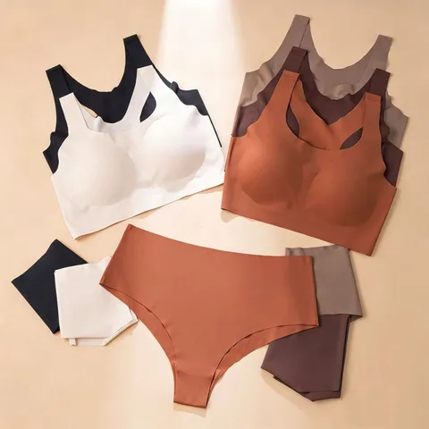 Ensemble Soutien-Gorge Femme Sans Couture Soie de Glace Sans Armatures Push Up Style Débardeur Bralette Avec Culotte Ensemble Lingerie Sport Respirant