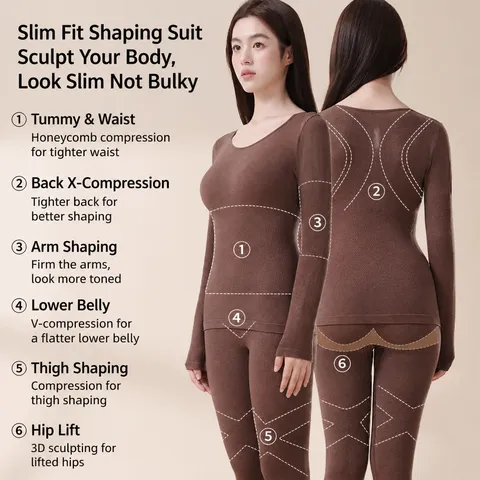 Seamless Winter Thermal Underwear Top And Bottom Women Body Shaper Long Sleeves Base Layer Solid Color Slim Fit Lingerie Pajamas
