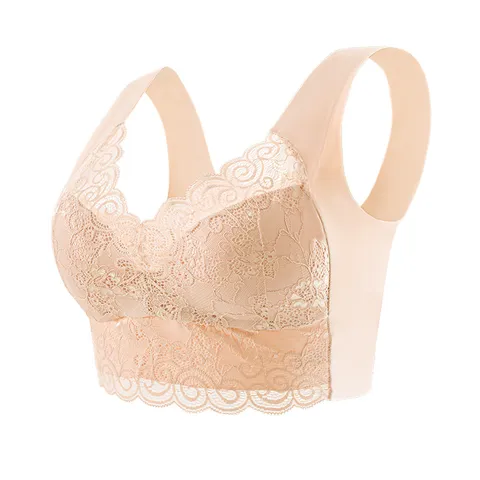 Women's Plus Size Wireless Lace Vest Bra Thin Padded Side Support Gathering Bralette Seamless Comfortable Intimate Lingerie Top