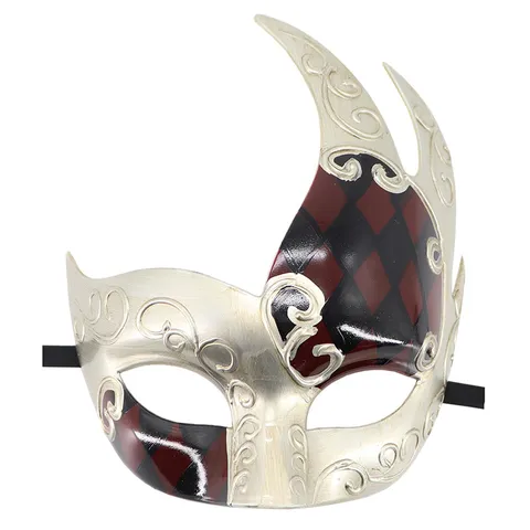 Retro Venetiaans Maskerade Half Gezicht Masker Puntige Jester Horen Harlekijn Geruit Patroon Metallische Reliëf Carnaval Feest Masker