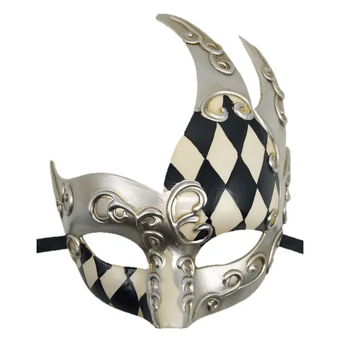 Retro Venetiaans Maskerade Half Gezicht Masker Puntige Jester Horen Harlekijn Geruit Patroon Metallische Reliëf Carnaval Feest Masker