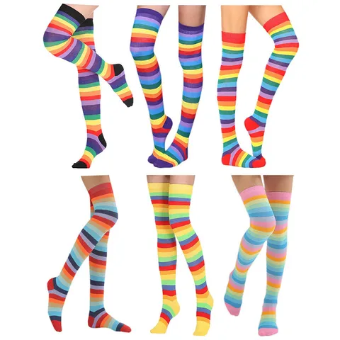 Women Independence Day Rainbow Striped Over The Knee Socks Cotton Blend Stars And Stripes Thigh High Socks Fashion Festival Accessory