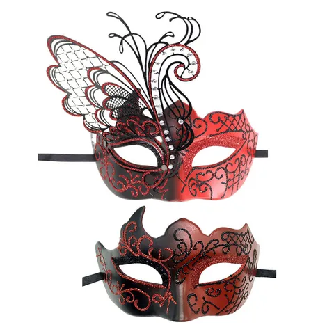 Couples Masquerade Mask Set Elegant Metal Hollow Butterfly Roman Venetian Half Face Laser Cut Plastic Rhinestone Glitter Party Mask For Halloween Carnival Holiday Costume Ball