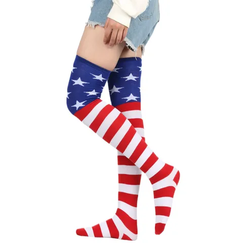 Women Independence Day Rainbow Striped Over The Knee Socks Cotton Blend Stars And Stripes Thigh High Socks Fashion Festival Accessory