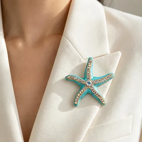 Luxury Enamel Starfish Brooch For Women Men Zinc Alloy Rhinestone Marine Organism Brooch Pin Clothing Hat Accessories Gift Jewelry