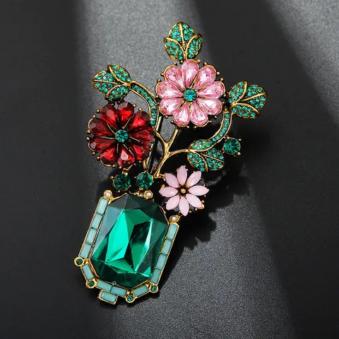 Vintage Baroque Palace Style Flower Vase Brooch For Women Multi-color Rhinestone Inlaid Zinc Alloy Brooch Jewelry For Suits Coats