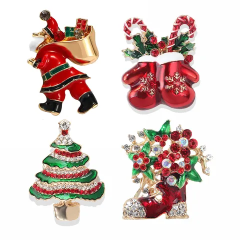 Jolie Broche de Noël en Alliage Strass Émail Père Noël Sapin Botte Épinglette de Revers Badges de Fête Festive Accessoires pour Femmes Hommes