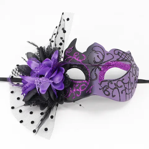 Máscara de Mascarada para Mujer Malla de Lunares Flor Corona Máscara de Ojos Gótica Pluma Purpurina Para Halloween Carnaval Pascua