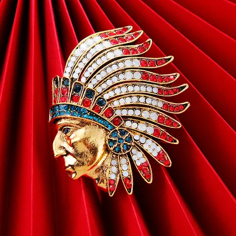 Broche Tête de Chef Indien Rétro Pour Hommes Alliage Plaqué Or Argent Antique Épingle de Costume en Strass Bijoux de Style Ethnique