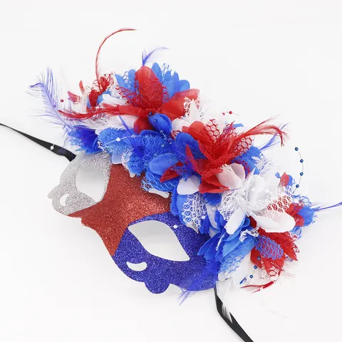 Máscara de Mascarada del Día de la Independencia Rojo Blanco Azul Lentejuelas Carnaval Máscara de Ojos Con Plumas y Flores