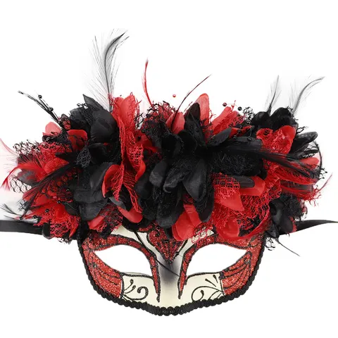 Máscara de Mascarada con Flores de Plumas para Carnaval Halloween Día de los Muertos Elegante Máscara de Ojos de Encaje con Lentejuelas