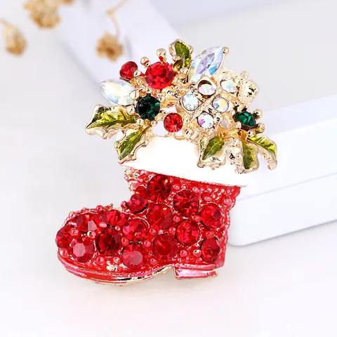 Cartoon Weihnachtsstiefel Brosche Legierung Strass Farbiges Kristall Abzeichen Pin Für Damen Schmuck Weihnachtsgeschenk