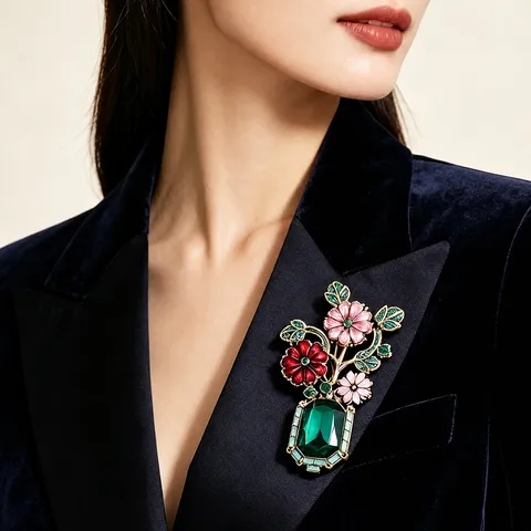 Vintage Baroque Palace Style Flower Vase Brooch For Women Multi-color Rhinestone Inlaid Zinc Alloy Brooch Jewelry For Suits Coats