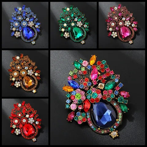 Vintage Zinc Alloy Rhinestone Flower Basket Brooch Multi-Functional Elegant Camellia Crystal Breastpin Collar Pin For Women Dress Banquet Accessories