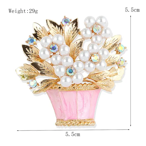 Fashion Zinc Alloy Flower Basket Brooch With Enamel Potted Plant Artificial Pearl Rhinestone Dress Clothing Pin Gift For Women