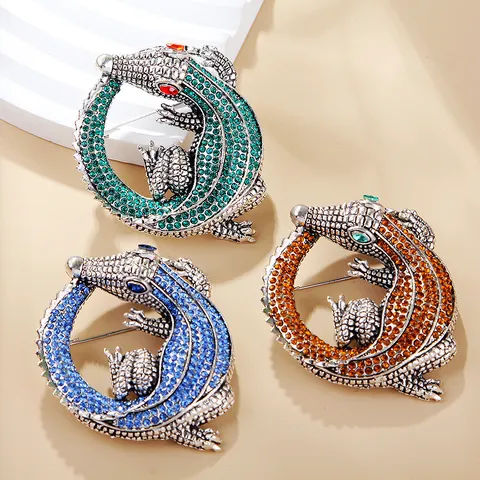 Vintage Zinklegierung Krokodil Brosche Für Herren Damen Strass Eingelegt Tierform Reversnadel Anzug Corsage Zubehör
