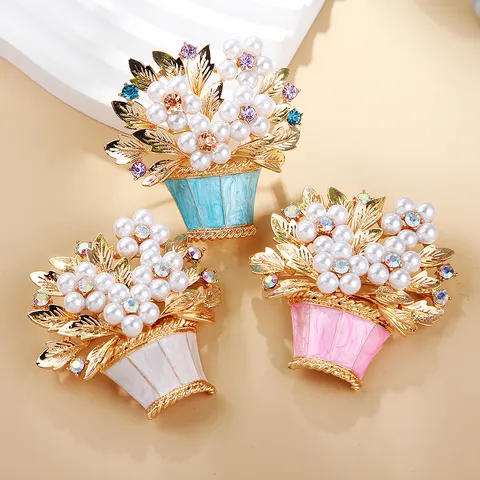 Fashion Zinc Alloy Flower Basket Brooch With Enamel Potted Plant Artificial Pearl Rhinestone Dress Clothing Pin Gift For Women