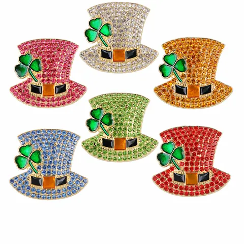 St. Patrick's Day Clover Hat Brooch For Women Zinc Alloy Rhinestone Glitter Drip Oil Hat Shape Pin Festive Clothing Accessories Gift